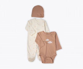Детски дрешки Bebetto Organic Welcome Baby Z1163BE - Комплект боди с дълъг ръкав, гащеризон с ходило и шапка, унисекс, 0-6 м.