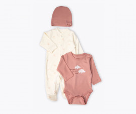 Детски дрешки Bebetto Organic Welcome Baby Z1163DR - Комплект боди с дълъг ръкав, гащеризон с ходило и шапка, момиче, 0-6 м.