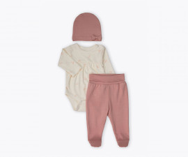 Детски дрешки Bebetto Organic Welcome Baby T4390DR - Комплект боди с дълъг ръкав, ританки и шапка, момиче, 0-6 м.