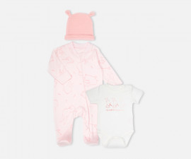 Детски дрешки Bebetto Rabbit And Carrots Z1167 - Комплект гащеризон с ходило и цип, боди с къс ръкав и шапка, момиче, 0-6 м.
