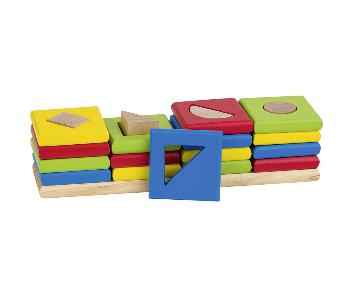 детска дървена играчка за сортиране (низанка) Форми и цветове - 4 кули Goki