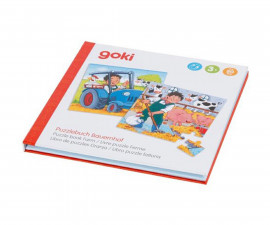 Дървена играчка за бебета книга с пъзели Goki, ферма 57384